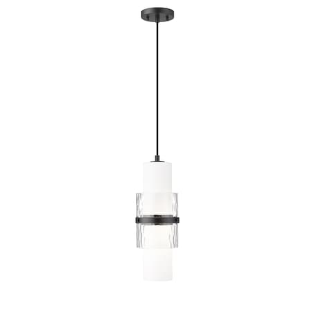 Z-Lite Cayden Pendant, 1-Light, 6.5 In.W x 16.75 In.H, Matte Black/Clear + Etched Opal 1946P-MB